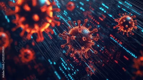 Abstract representation of a virus infiltrating a network, neon-colored data streams, glitch effects, and cyber attack warnings, isolated on dark background, copy space for digital security concept.  photo