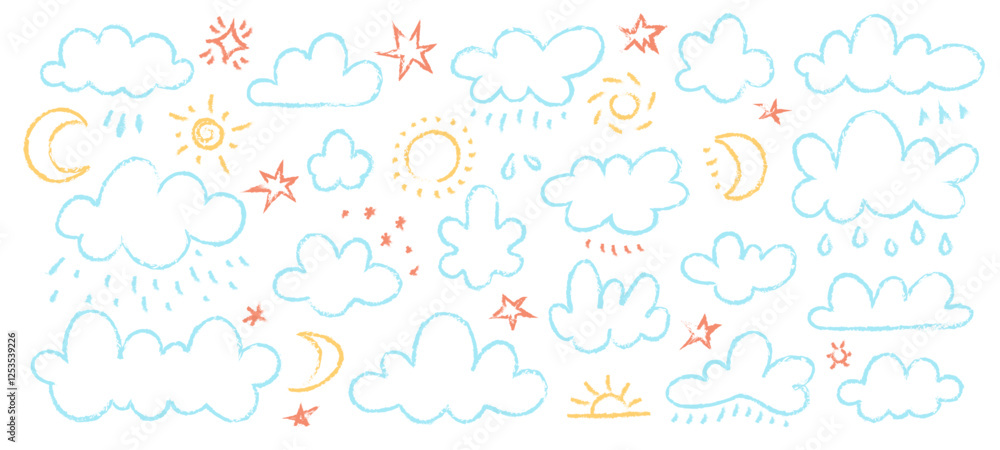 Pastel crayon clouds. Cute happy childish chalk clouds, naive Sun Moon sky weather chalky elements, doodle hand drawn sketch elements for kids design. Vector isolated set Pastel crayon clouds. Cute happy childish chalk clouds, naive Sun Moon sky weather chalky elements, doodle hand drawn sketch elements for kids design. Vector isolated set