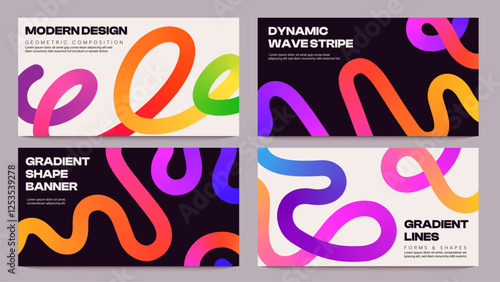 Line gradient shape banner. Abstract wavy ribbon with fluid color, dynamic wave stripe for business presentation cover, trendy fluid layout with waving figures. Vector set
