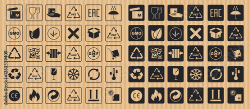 Packaging safety symbols. Delivery cargo transport stickers with fragile, handle with care, do not stack, keep dry, up arrows shipping icons. Vector isolated set