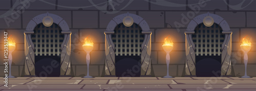 Castle dungeon wall. Cartoon medieval background with brick stone wall, arch doorway and burning torches, ancient palace archway interior background. Vector illustration