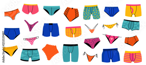 Underpants. Cartoon underwear clothing for man and woman, colorful underwear garment swimwear apparel bikini swimsuit underclothes. Vector panties flat set