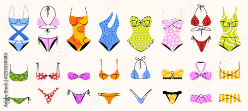 Bikini swim suit. Woman summer swimwear clothing, girl beachwear underwear, fashion striped swimsuit models different styles. Vector swimming clothes isolated set