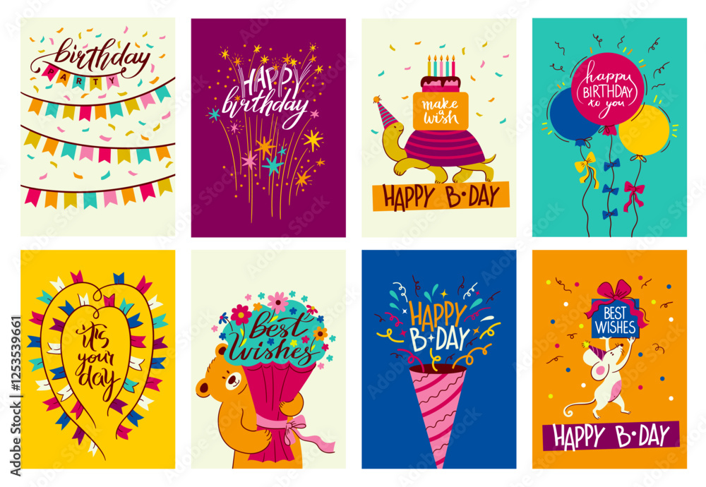 Fototapeta premium Happy Birthday card. Cartoon celebrate party comic postcard with funky 90s elements, creative invitation sweet desserts and funny balloons. Vector birthday celebration banner