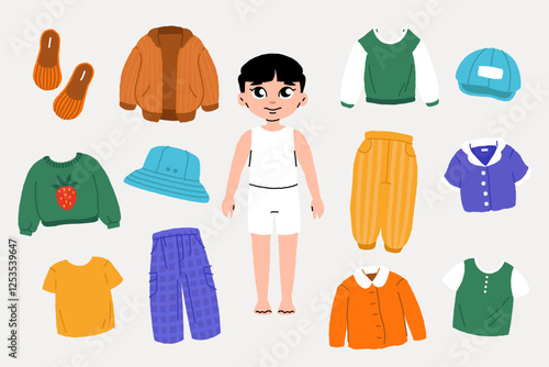 Boy paper doll. Outfit for cute cartoon cutout teenager character with different clothes, fashion kid wardrobe with garments. Vector paper game flat set