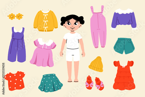 Girl paper doll. Cartoon cute fashion girl with dress and accessories, paper cutout model with clothes and hairstyle. Vector childhood game illustration