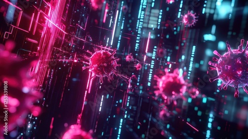 Abstract representation of a virus infiltrating a network, neon-colored data streams, glitch effects, and cyber attack warnings, isolated on dark background, copy space for digital security concept.  photo