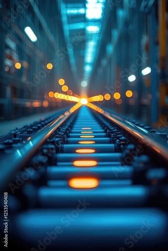 Endless Conveyor Belt with Glowing Lights in Modern Industrial Warehouse