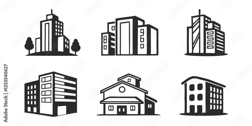 Fototapeta premium Building Icon Vector Set – Apartment, Skyscraper, and Architecture Symbols