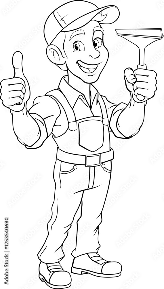 A window cleaner or car wash cleaning cartoon mascot man holding a squeegee washing tool A window cleaner or car wash cleaning cartoon mascot man holding a squeegee washing tool
