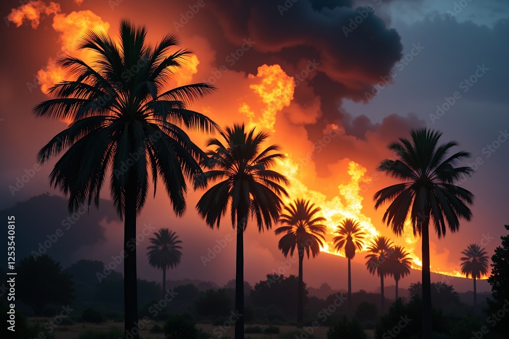 Fiery Sunset Silhouette Palm Trees Against Dramatic Burning Hill Landscape Fiery Sunset Silhouette Palm Trees Against Dramatic Burning Hill Landscape
