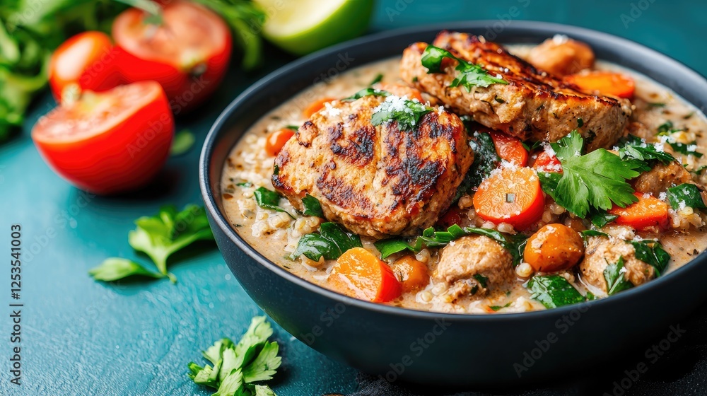 Creamy Chicken Stew in Bowl, Healthy Food, Side Dishes, Fresh Vegetables Creamy Chicken Stew in Bowl, Healthy Food, Side Dishes, Fresh Vegetables