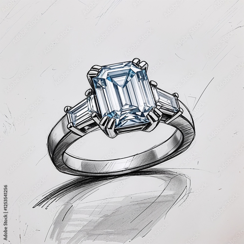 Obraz premium sketch of baguette diamond ring on plain white background