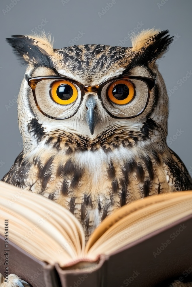 custom made wallpaper toronto digitalWise Owl Wearing Glasses Reading a Book in Studio Portrait with Gray Background