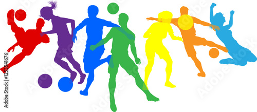 Soccer football player male and female colorful silhouette outlines men and women group