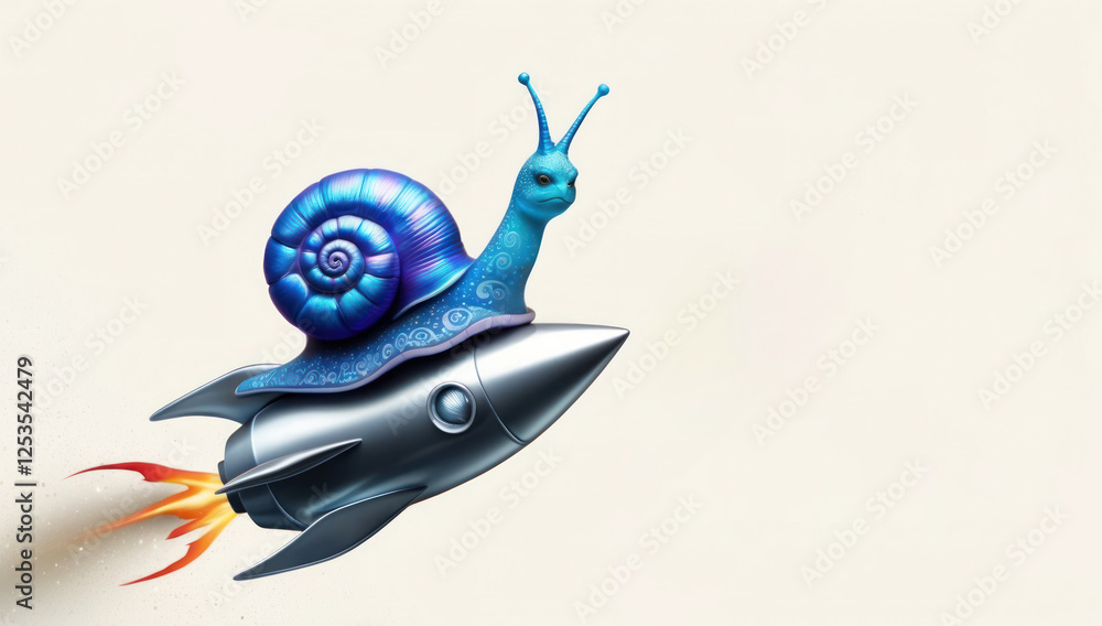 Naklejka premium Snail on a rocket. Patience vs. speed. Funny quirky conceptual imagery.