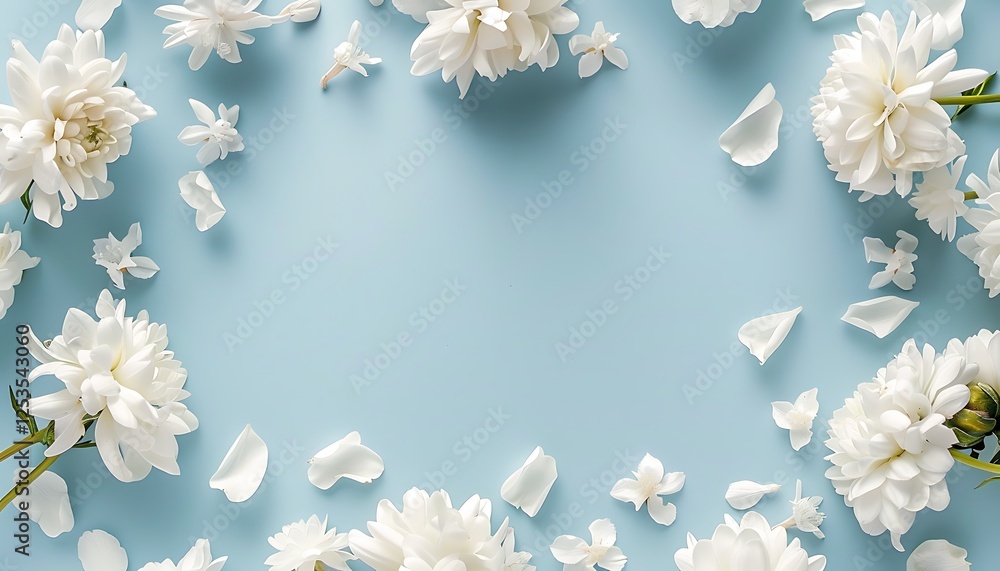 White flowers and petals forming a frame on a soft blue backdrop, empty middle for creative mockup designs. High resolution, flat lay. White flowers and petals forming a frame on a soft blue backdrop, empty middle for creative mockup designs. High resolution, flat lay.