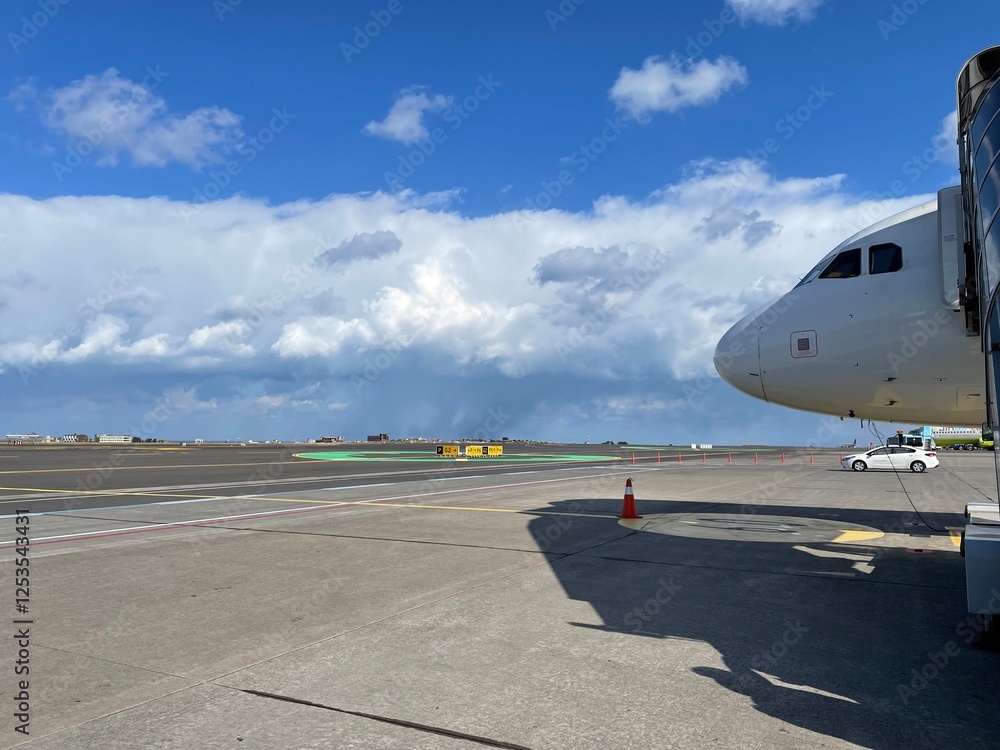 Fototapeta premium South Korea, Jeju Island, Jeju Airport, before boarding, runway, clear sky