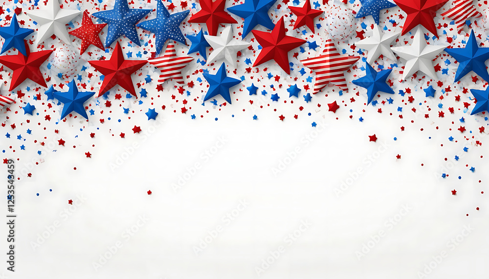 Fototapeta premium Fourth of July design, border for celebrating the 4th of July, Independence Day decorations featuring confetti stars in the colors of the USA Country, on neutral background