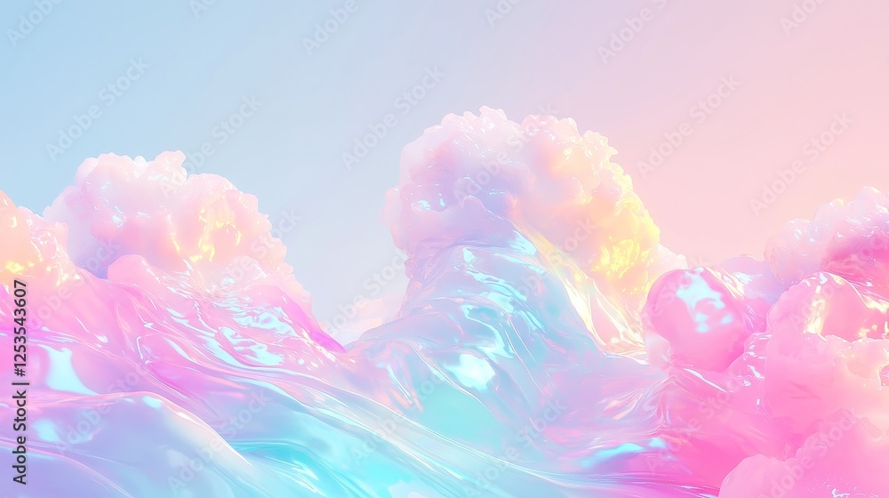 Fototapeta premium Opal Clouds, swirling formations of white and iridescent hues stretch across the endless sky, creating a mesmerizing display of color and texture in the atmosphere.