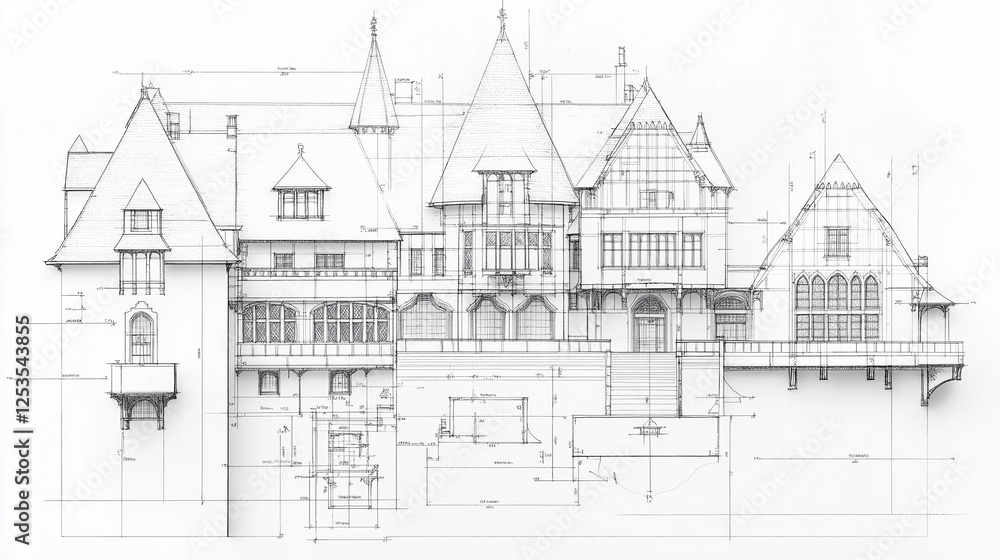 Fototapeta premium Grand Estate Architectural Blueprint: Detailed blueprint showcasing an elegant, multi-level estate with intricate architectural details, including multiple gables, balconies, and a large footprint.