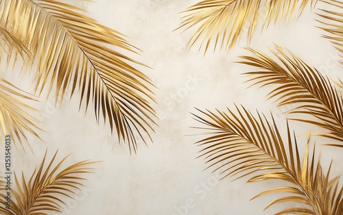 Rich golden palm leaves with neutral textured background for luxury botanical...