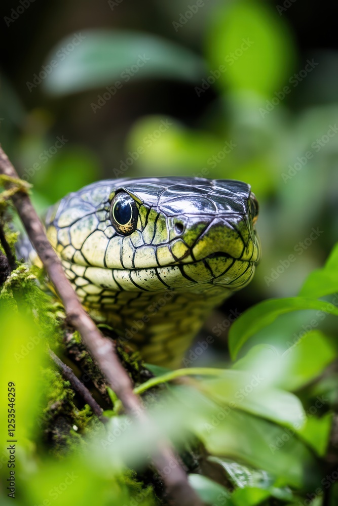 Close-up of Striking Green Snake Hiding Among Lush Green Foliage Close-up of Striking Green Snake Hiding Among Lush Green Foliage