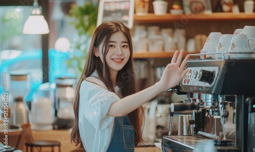 Young Woman Barista Works Coffee Machine In Cafe