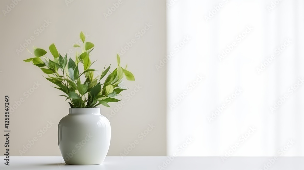 Fototapeta premium Elegant White Vase with Green Leaves in Minimalist Interior Setting, Soft Light and Subtle Background for Modern Home Decor Inspiration