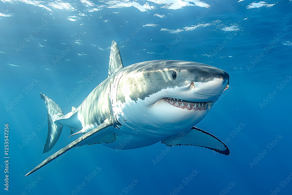 Fototapeta premium Great white shark swimming in ocean.