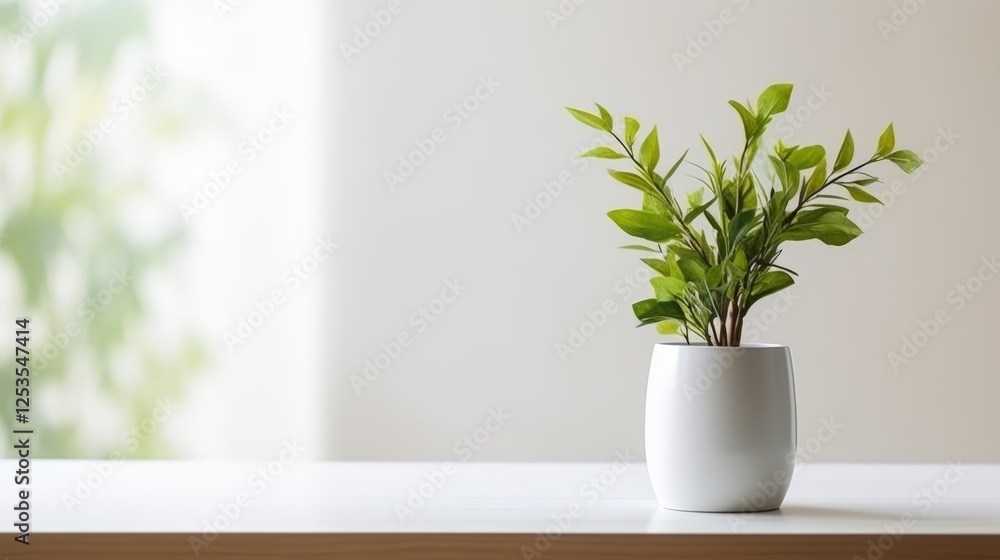 Fototapeta premium Elegant Small Green Plant in Minimalist White Pot on Wooden Table with Soft Natural Background Lighting for Interior Showcase and Product Photography