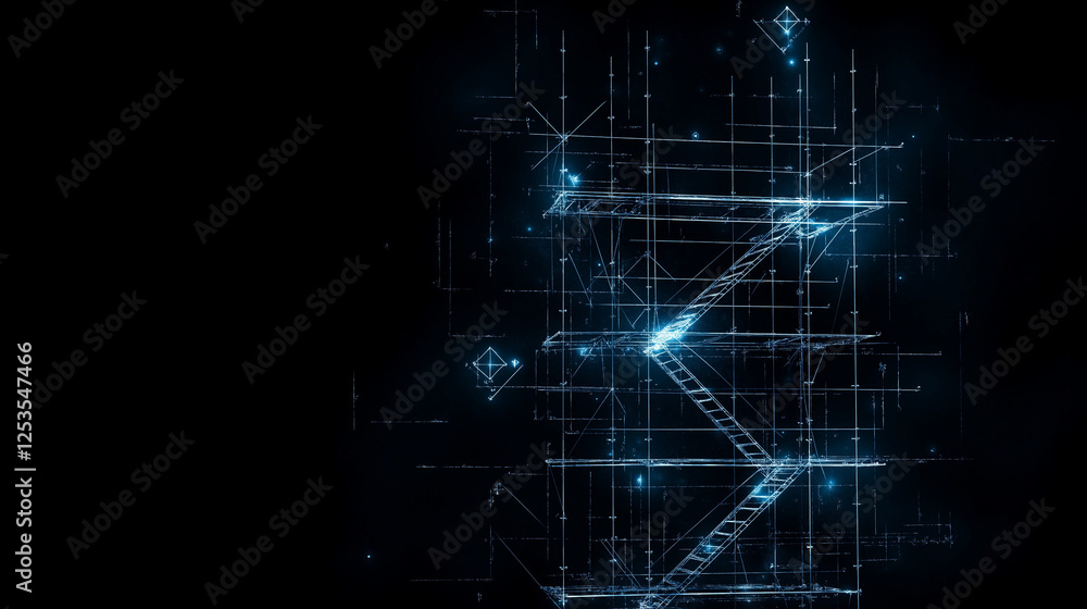Obraz premium Digital Ladder to the Future: A mesmerizing abstract image featuring a luminous ladder constructed from geometric lines against a dark backdrop, representing innovation, technological advancement.