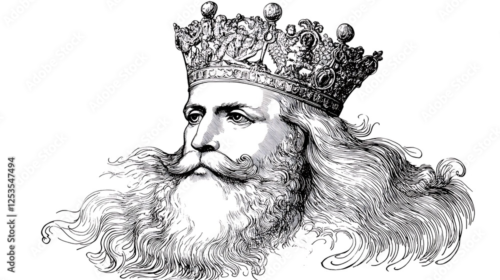 Obraz premium Detailed illustration of a regal king with a majestic crown and flowing beard, surrounded by ornate designs