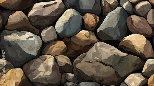 A seamless background of rocks and pebbles in earth tones, varying in size, shape, and texture. With shades from light brown to dark gray, this design highlights the natural stone beauty, creating a w