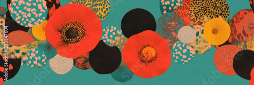 Stylized flowers in circular patterns with African motifs and diverse dot arrangements