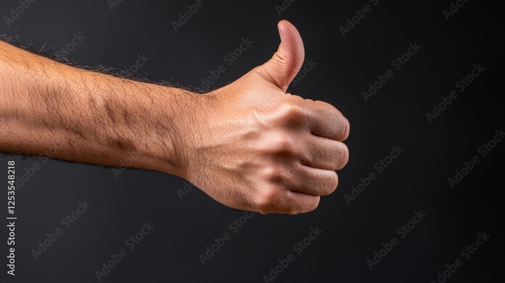 Close-up of a caucasian male adult thumb gesture against a dark background Close-up of a caucasian male adult thumb gesture against a dark background