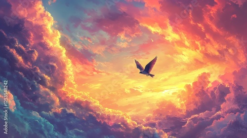 A Bird Silhouette Is Soaring Above The Colorful Clouds At Sunset Banner