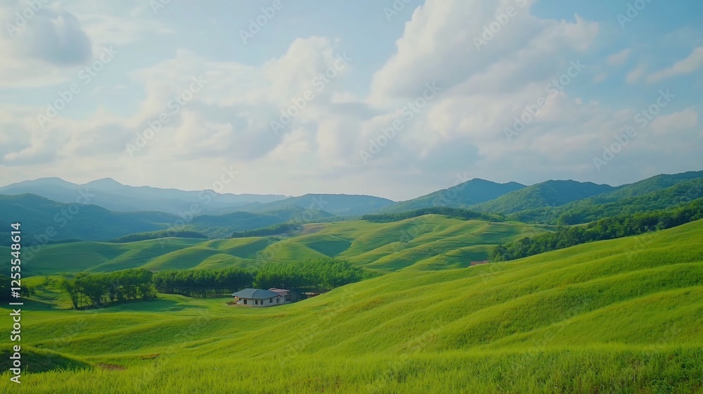 Rolling green hills and mountains with house under cloudy blue sky in summer day landscape Rolling green hills and mountains with house under cloudy blue sky in summer day landscape