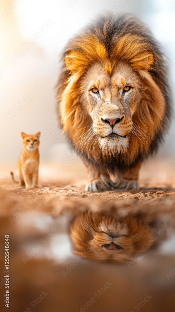 Majestic lion and curious cat: wildlife encounter by water's edge Majestic lion and curious cat: wildlife encounter by water's edge