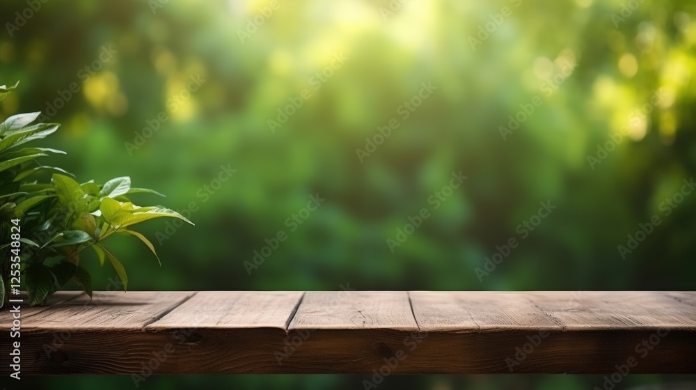 Rustic wooden table surrounded by lush greenery with soft sunlight creating a tranquil atmosphere perfect for outdoor dining or decoration