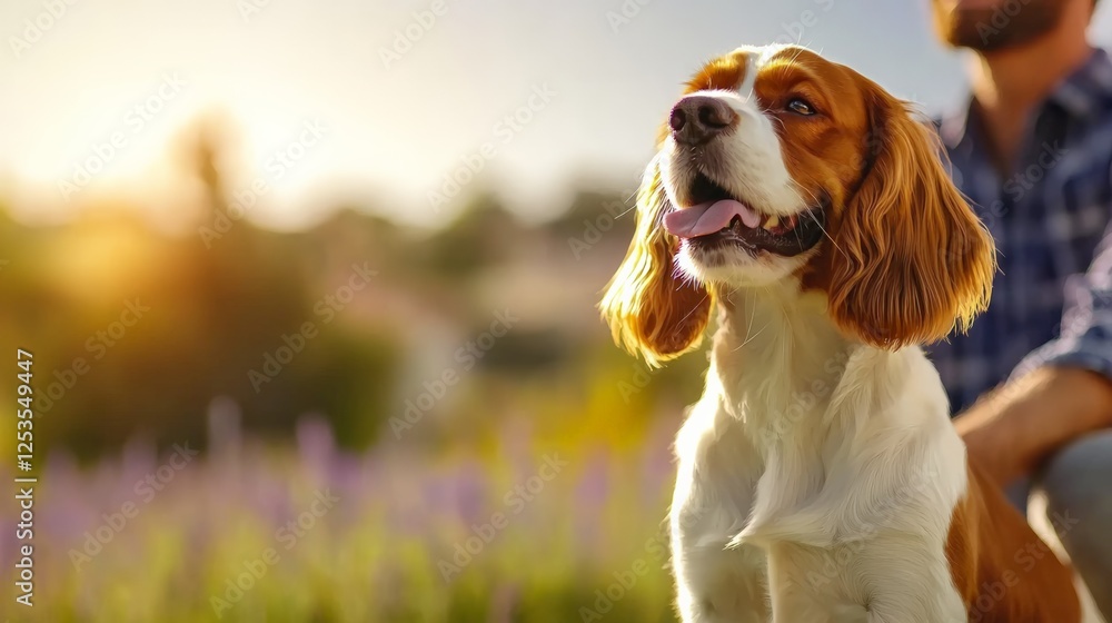Happy spaniel enjoying a sunny day in the park with owner Happy spaniel enjoying a sunny day in the park with owner