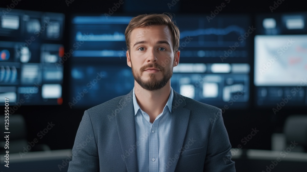 A man in a suit is looking at the camera. The image is of a man in a suit with a beard and a blue shirt A man in a suit is looking at the camera. The image is of a man in a suit with a beard and a blue shirt
