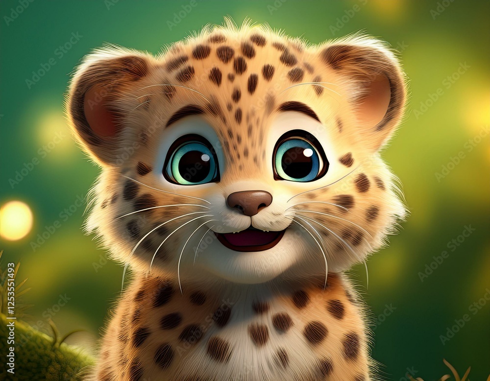 Fototapeta premium Niedliches Leopardenbaby, grüner Hintergrund