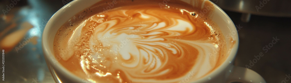 Delicate latte art fills a warm cup enhancing the coffee experience Delicate latte art fills a warm cup enhancing the coffee experience
