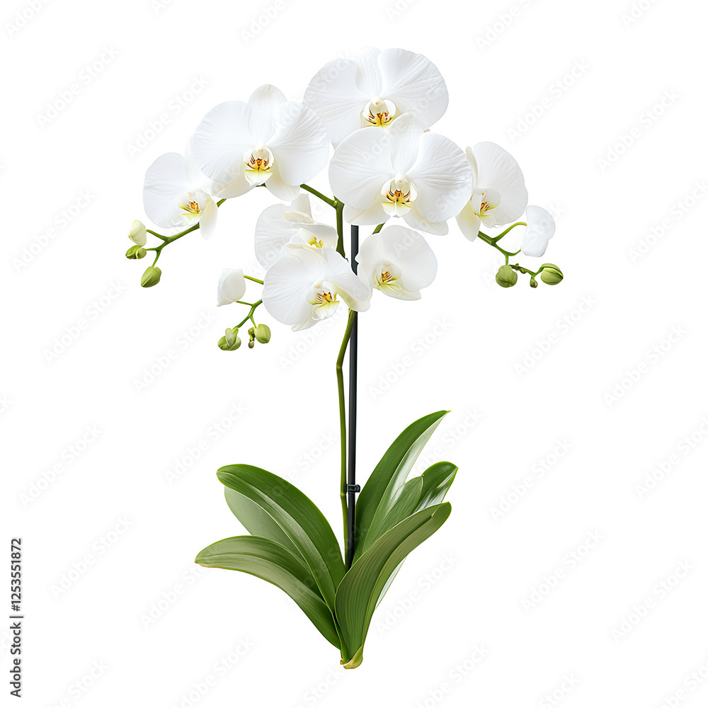 Obraz premium beautiful orchid with white petals and green leaves on solid white background