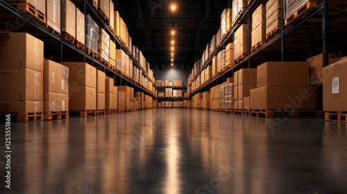 An expansive view of a modern warehouse interior, filled with packed storage areas and illuminated by overhead lights, symbolizing efficiency and industry. photo