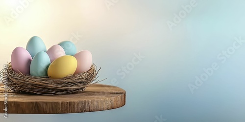 Pastel Easter Eggs in Nest on Wooden Slice photo