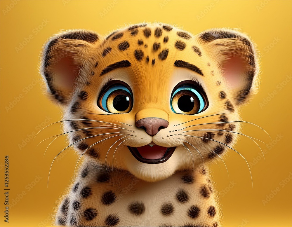 Fototapeta premium Niedliches Leopardenbaby, gelber Hintergrund