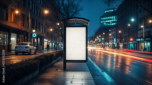 Illuminated Bus Stop Billboard at Night Blank White Mockup for Advertising