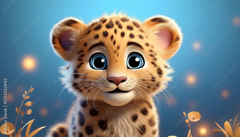 Fototapeta premium Niedliches Leopardenbaby, blauer Hintergrund